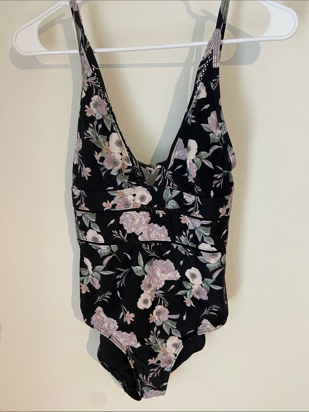 Floral V-Neck One-Piece Swimsuit - Black with Pastel Floral Print